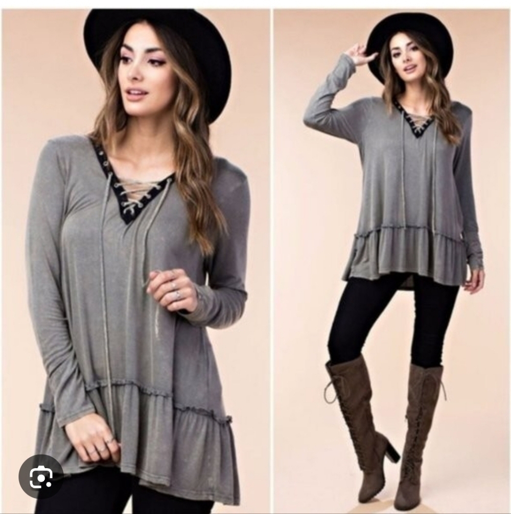 Kori Mineral Washed Taupe Tunic Top Lace Up Size Large Whimsigoth Ruffle Hem - Picture 2 of 12